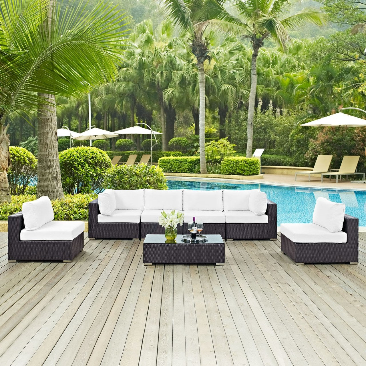 Convene Seven PCS Outdoor Patio Sectional Set, White, Rattan 10420