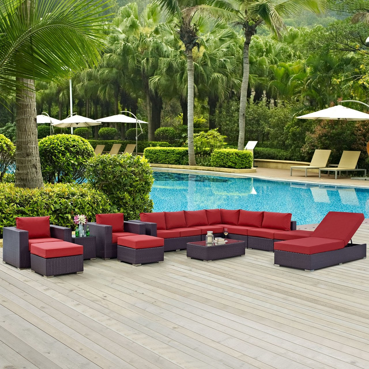 Convene Twelve PCS Outdoor Patio Sectional Set, Red, Rattan 10425