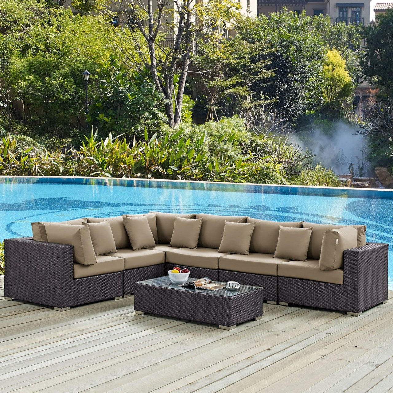 Convene Seven PCS Outdoor Patio Sectional Set, Brown, Rattan 10443