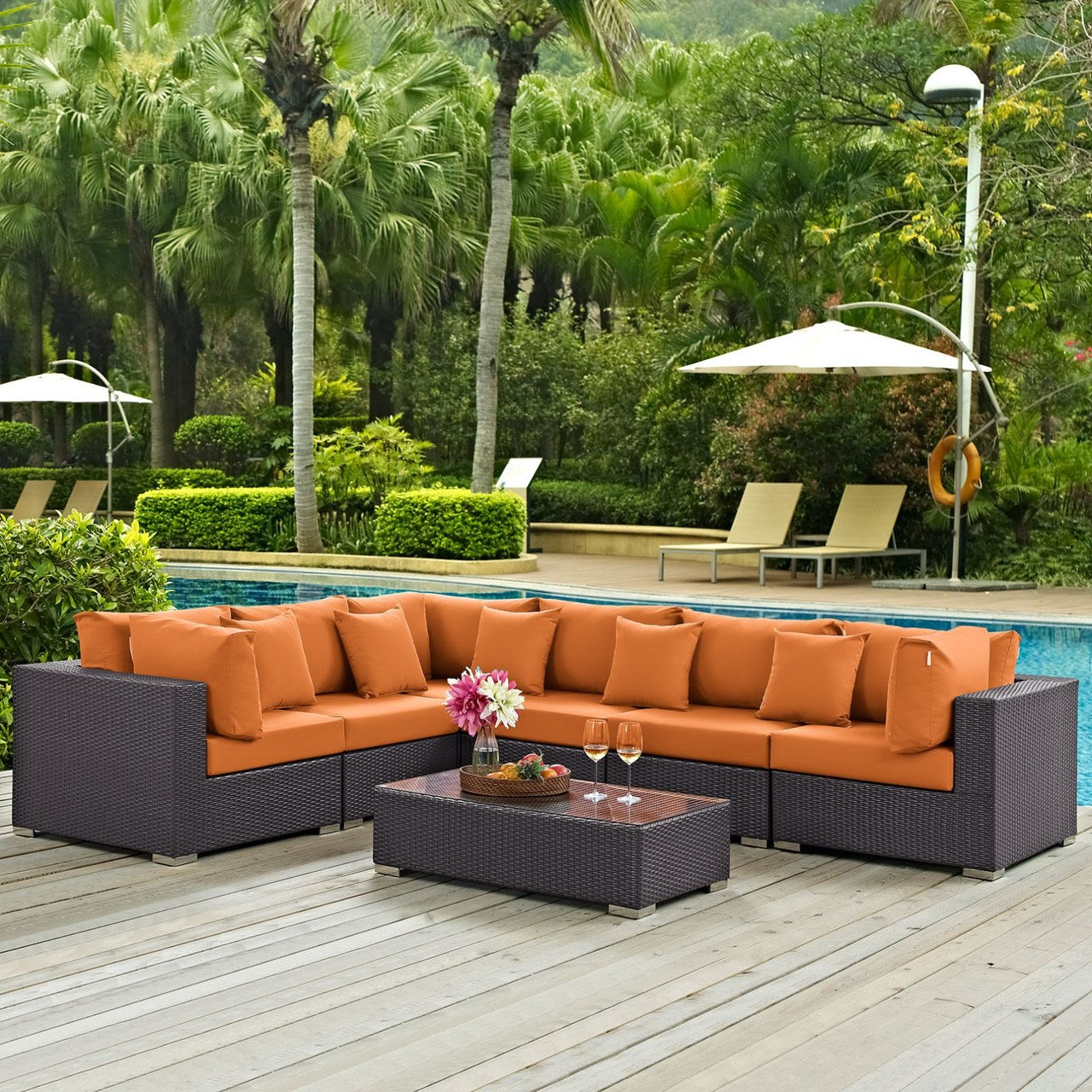 Convene Seven PCS Outdoor Patio Sectional Set, Orange, Rattan 10444
