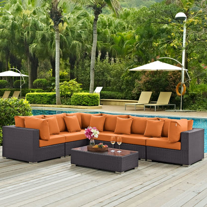 Convene Seven PCS Outdoor Patio Sectional Set, Orange, Rattan 10444