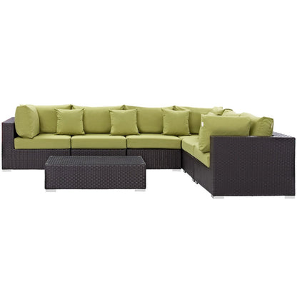 Convene Seven PCS Outdoor Patio Sectional Set, Green, Rattan 10445