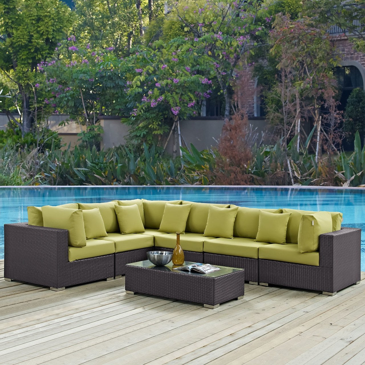 Convene Seven PCS Outdoor Patio Sectional Set, Green, Rattan 10445