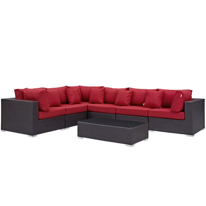 Convene Seven PCS Outdoor Patio Sectional Set, Red, Rattan 10446