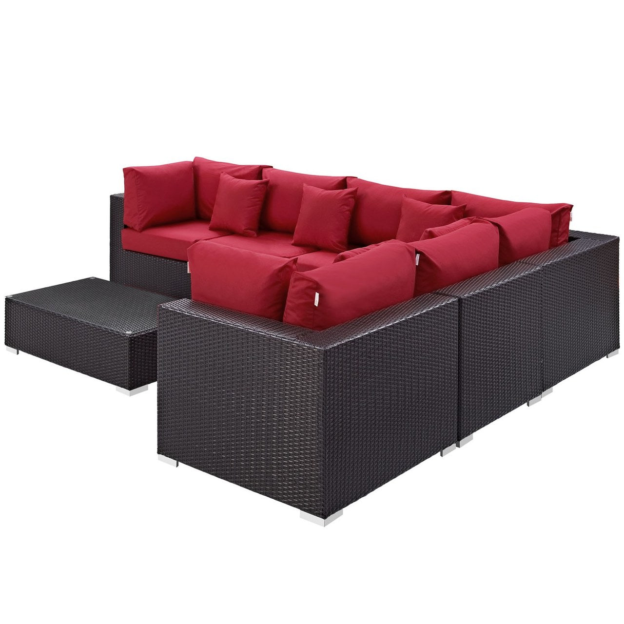 Convene Seven PCS Outdoor Patio Sectional Set, Red, Rattan 10446