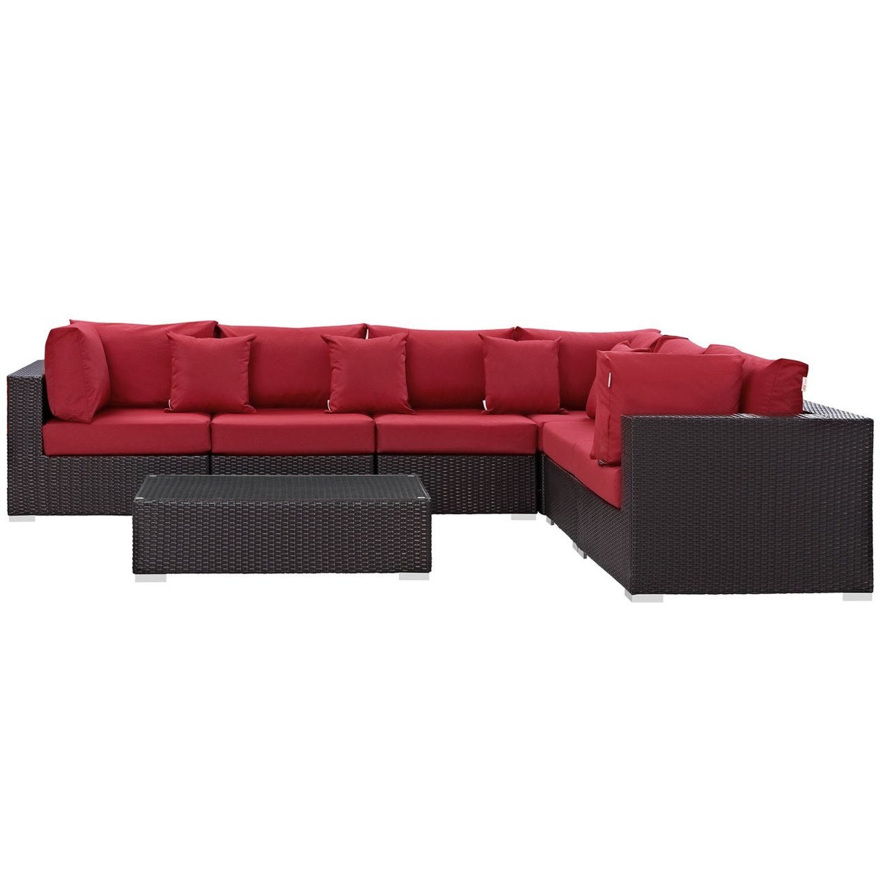 Convene Seven PCS Outdoor Patio Sectional Set, Red, Rattan 10446
