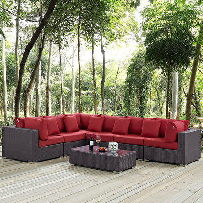 Convene Seven PCS Outdoor Patio Sectional Set, Red, Rattan 10446