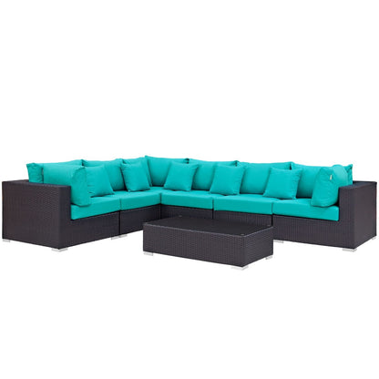 Convene Seven PCS Outdoor Patio Sectional Set, Blue, Rattan 10447