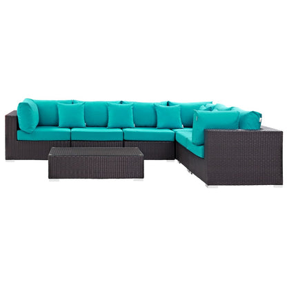 Convene Seven PCS Outdoor Patio Sectional Set, Blue, Rattan 10447