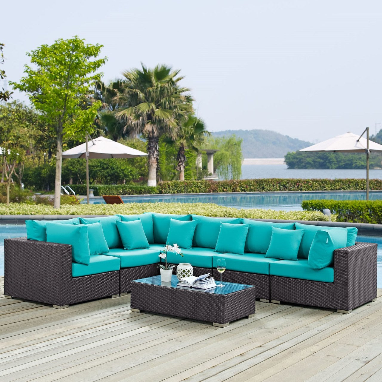 Convene Seven PCS Outdoor Patio Sectional Set, Blue, Rattan 10447