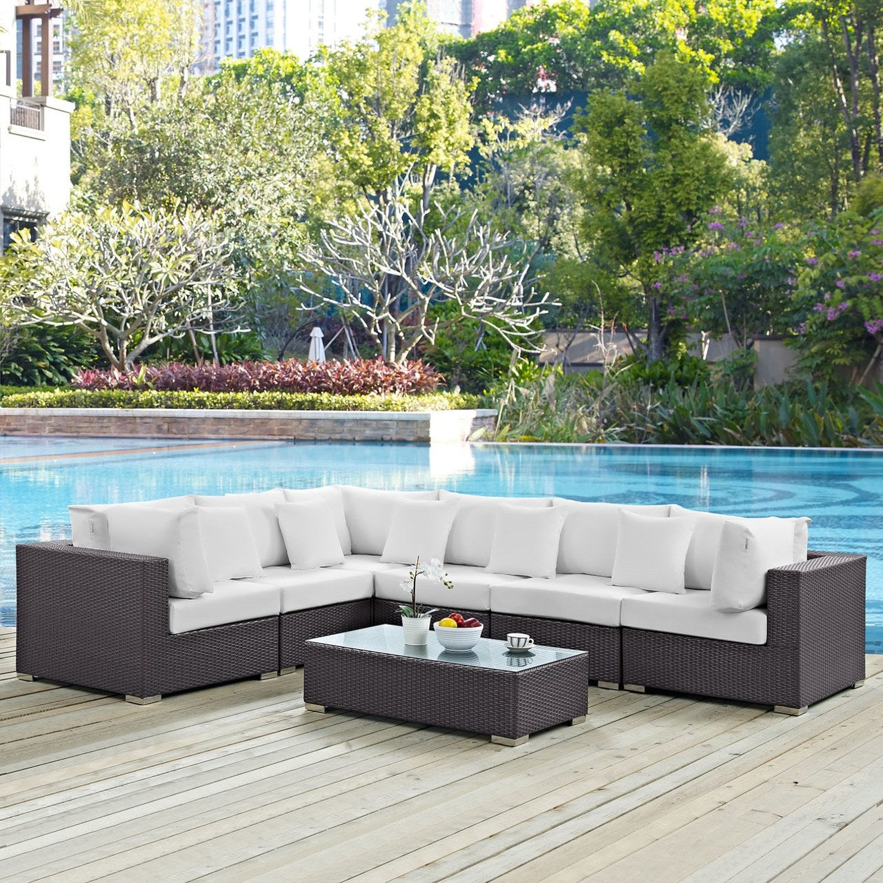 Convene Seven PCS Outdoor Patio Sectional Set, White, Rattan 10448