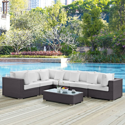 Convene Seven PCS Outdoor Patio Sectional Set, White, Rattan 10448