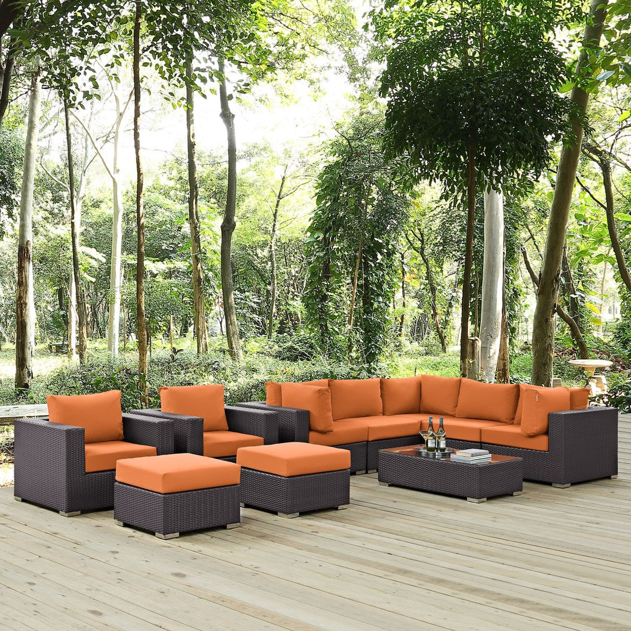 Convene Ten PCS Outdoor Patio Sectional Set, Orange, Rattan 10451
