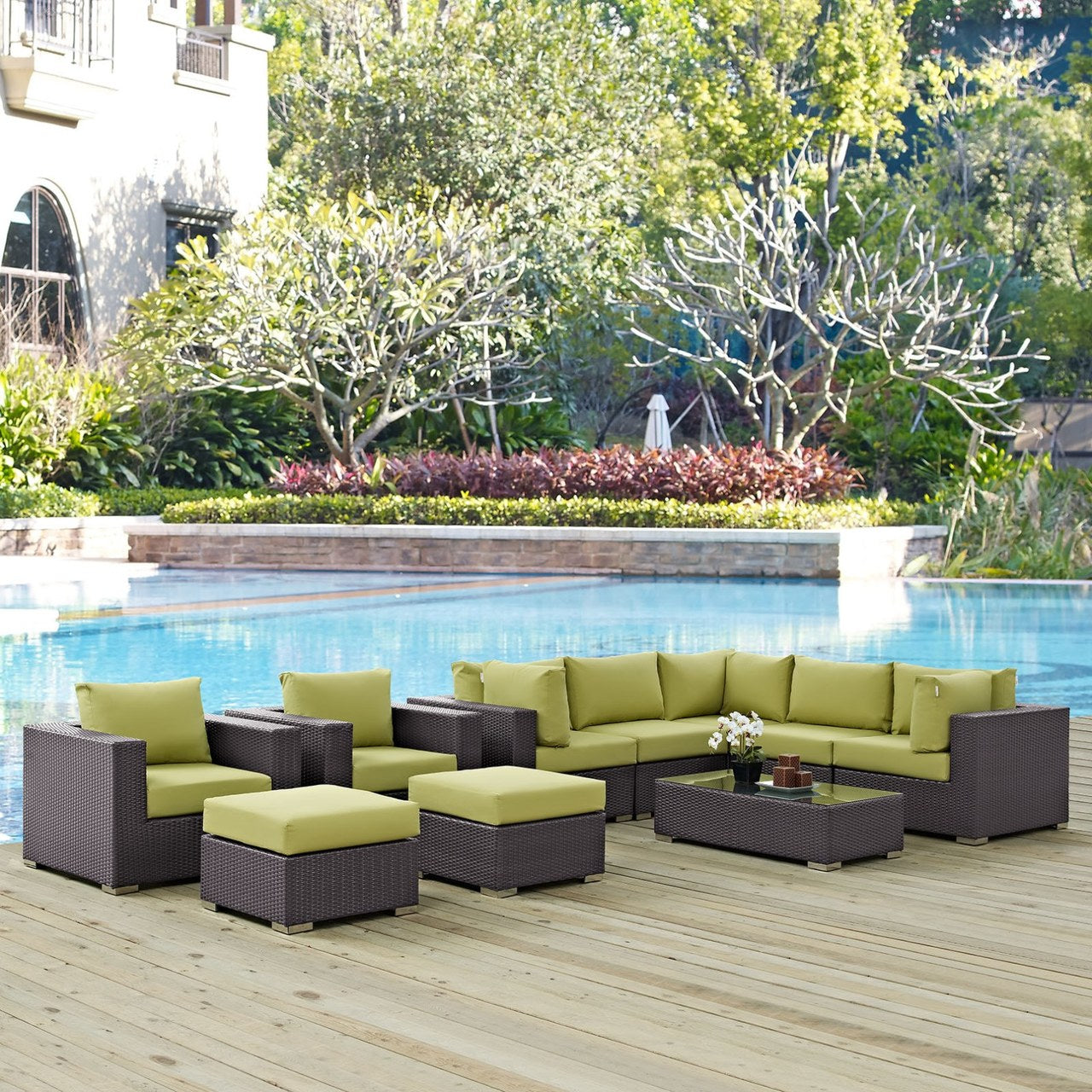 Convene Ten PCS Outdoor Patio Sectional Set, Green, Rattan 10452