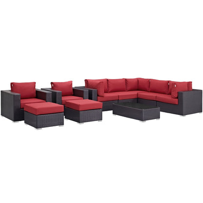 Convene Ten PCS Outdoor Patio Sectional Set, Red, Rattan 10453