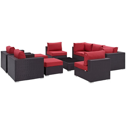 Convene Ten PCS Outdoor Patio Sectional Set, Red, Rattan 10453