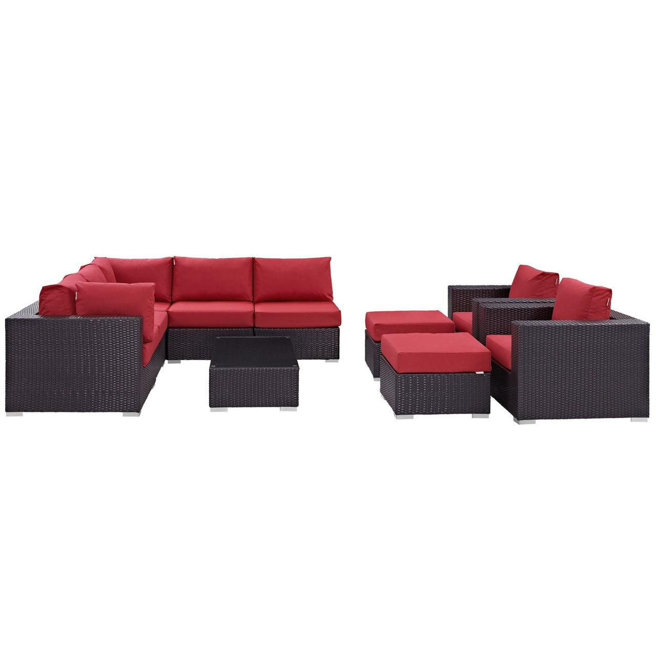 Convene Ten PCS Outdoor Patio Sectional Set, Red, Rattan 10453