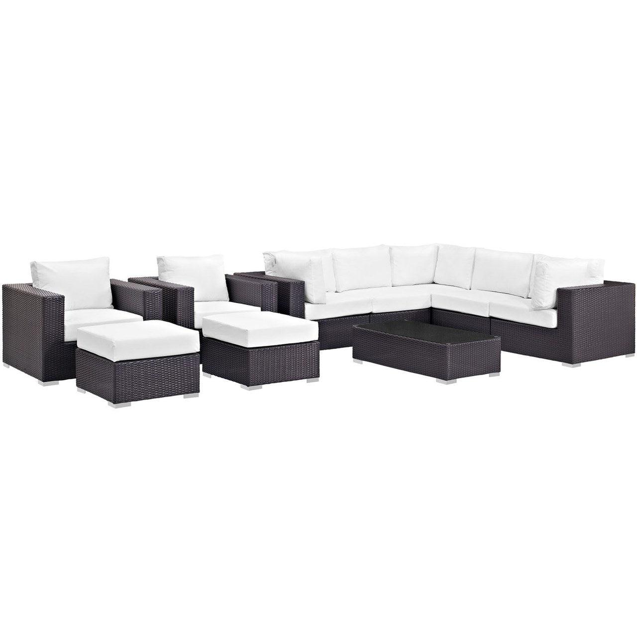Convene Ten PCS Outdoor Patio Sectional Set, White, Rattan 10455