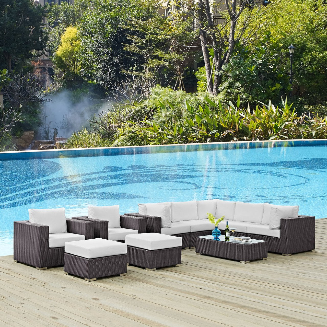 Convene Ten PCS Outdoor Patio Sectional Set, White, Rattan 10455