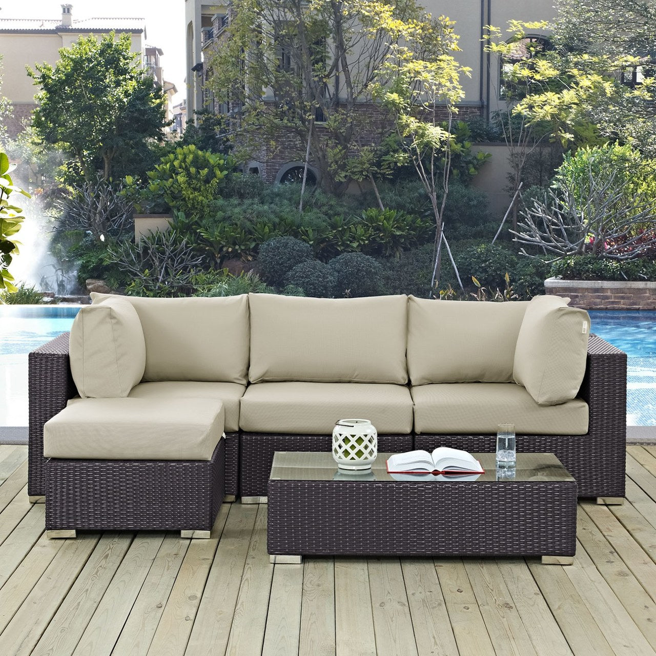 Convene Five PCS Outdoor Patio Sectional Set, Beige, Rattan 10462