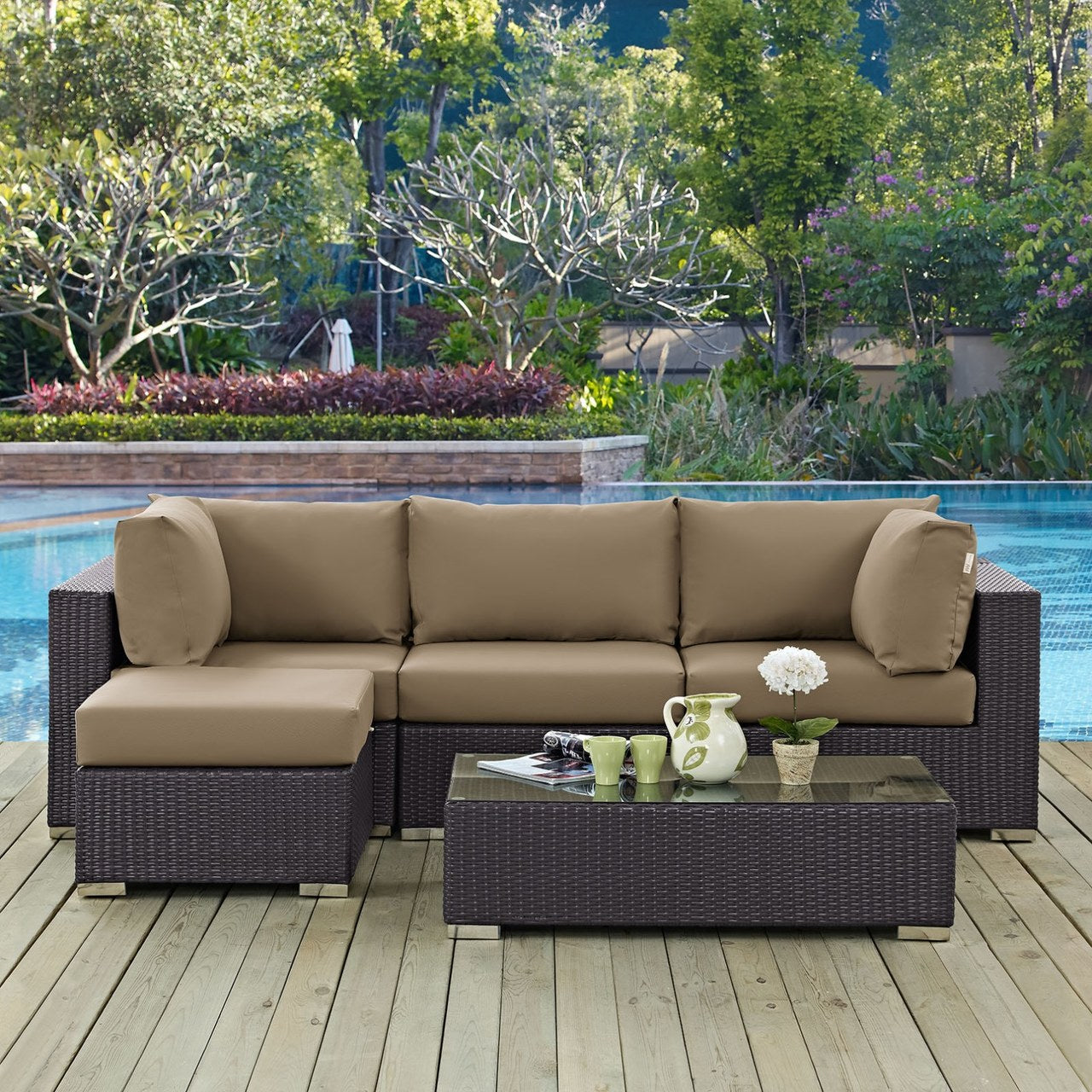 Convene Five PCS Outdoor Patio Sectional Set, Brown, Rattan 10463