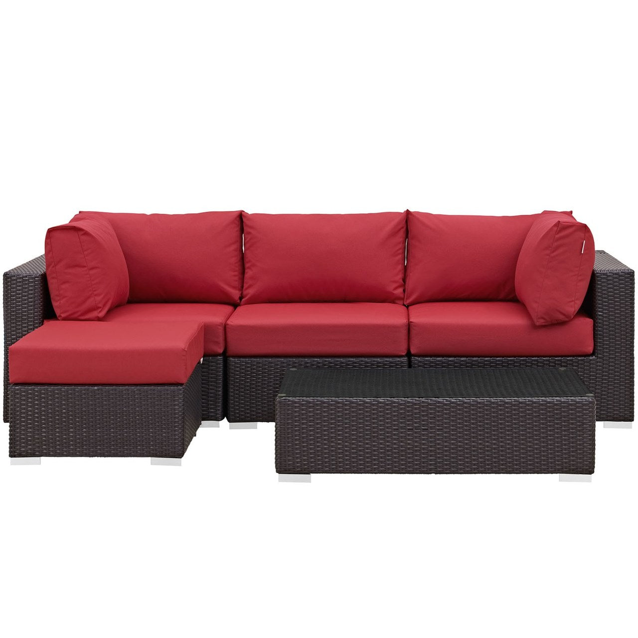 Convene Five PCS Outdoor Patio Sectional Set, Red, Rattan 10466