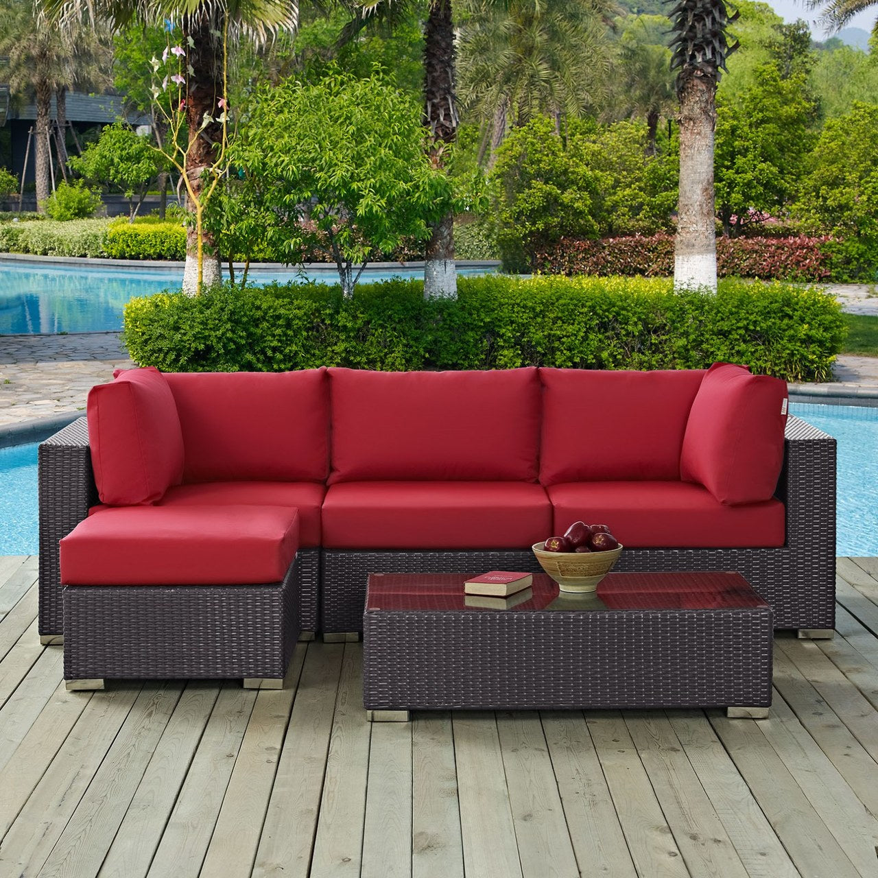 Convene Five PCS Outdoor Patio Sectional Set, Red, Rattan 10466