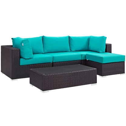 Convene Five PCS Outdoor Patio Sectional Set, Blue, Rattan 10467