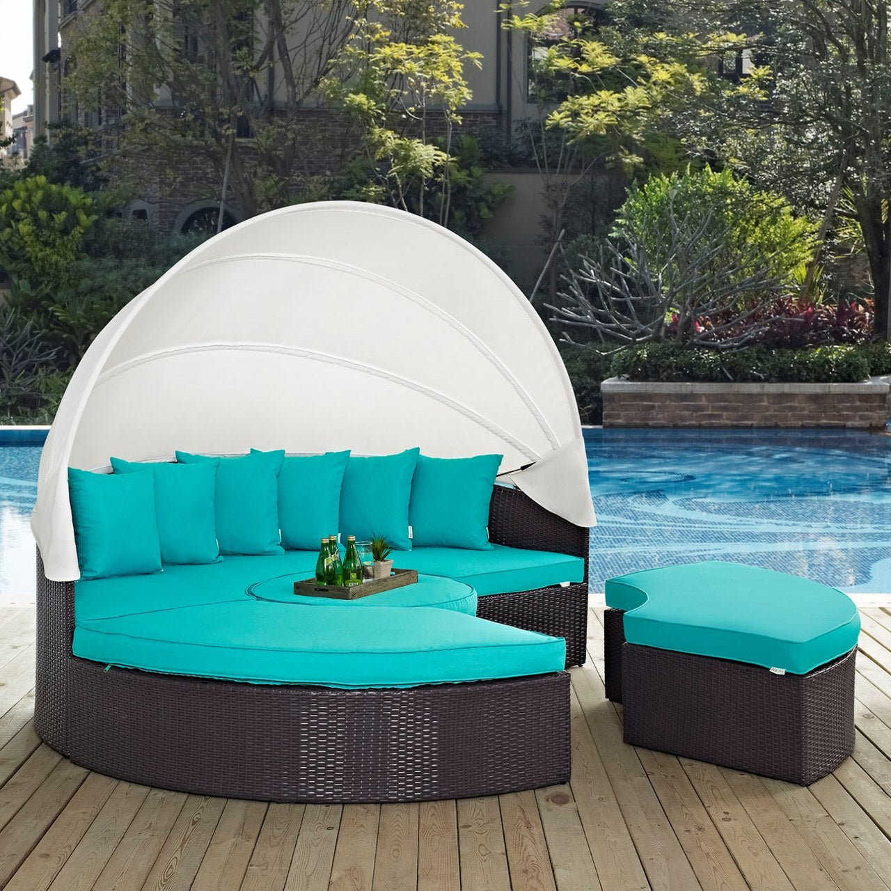 Convene Canopy Outdoor Patio Daybed, Blue, Rattan 10473