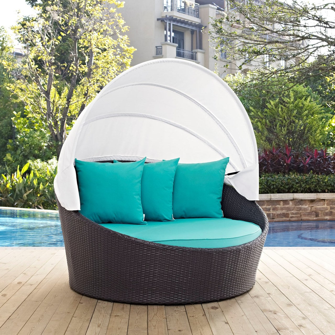 Convene Canopy Outdoor Patio Daybed, Blue, Rattan 10486