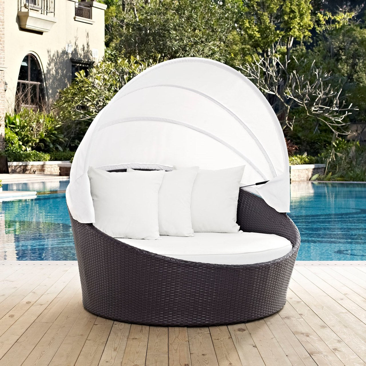 Convene Canopy Outdoor Patio Daybed, White, Rattan 10487