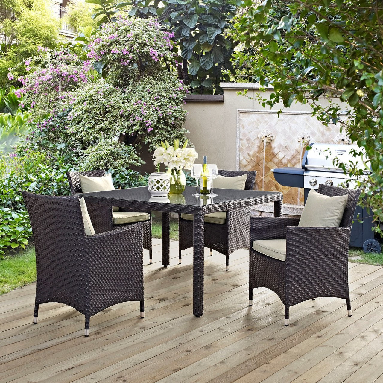 Convene Five PCS Outdoor Patio Dining Set, Beige, Rattan 10563