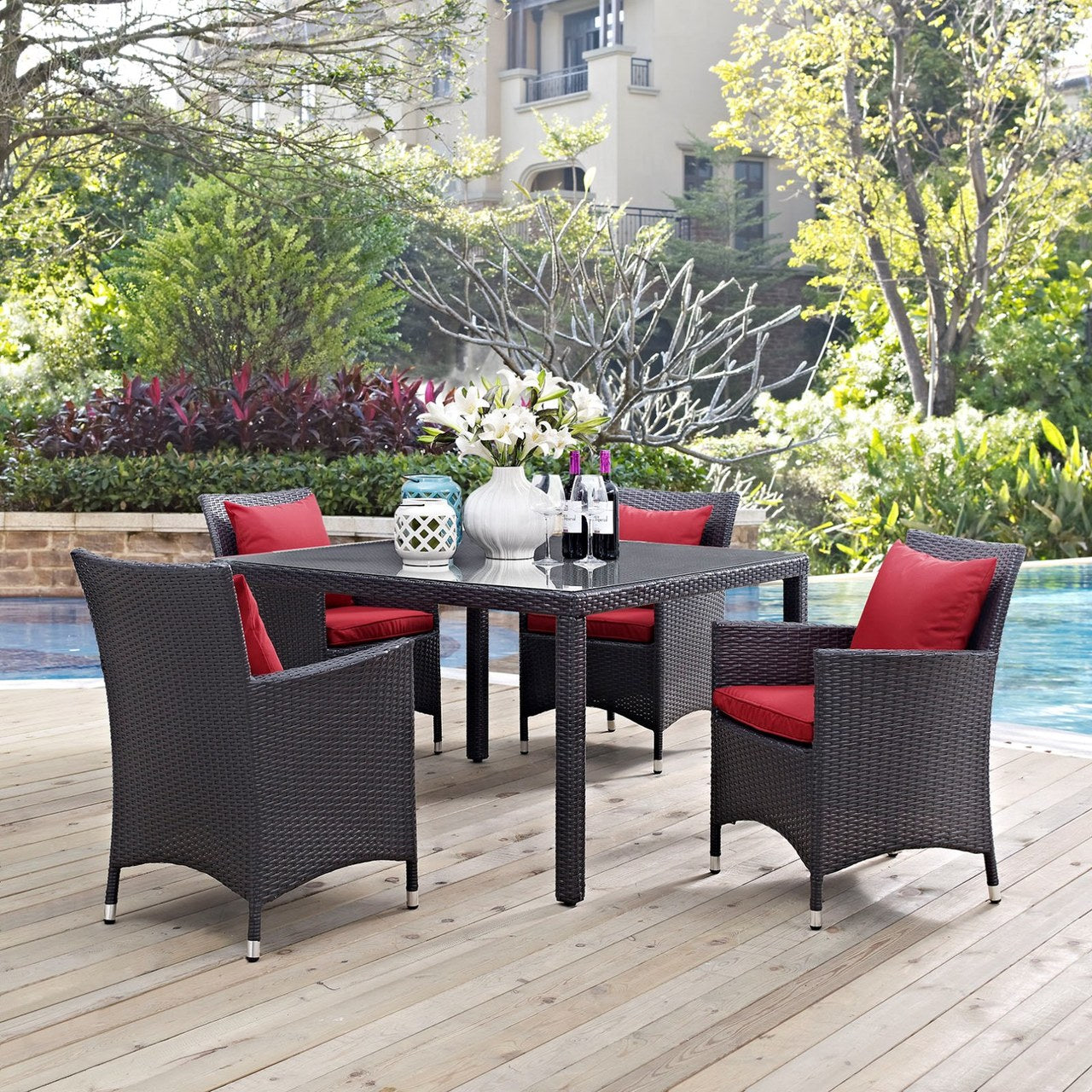 Convene Five PCS Outdoor Patio Dining Set, Red, Rattan 10567