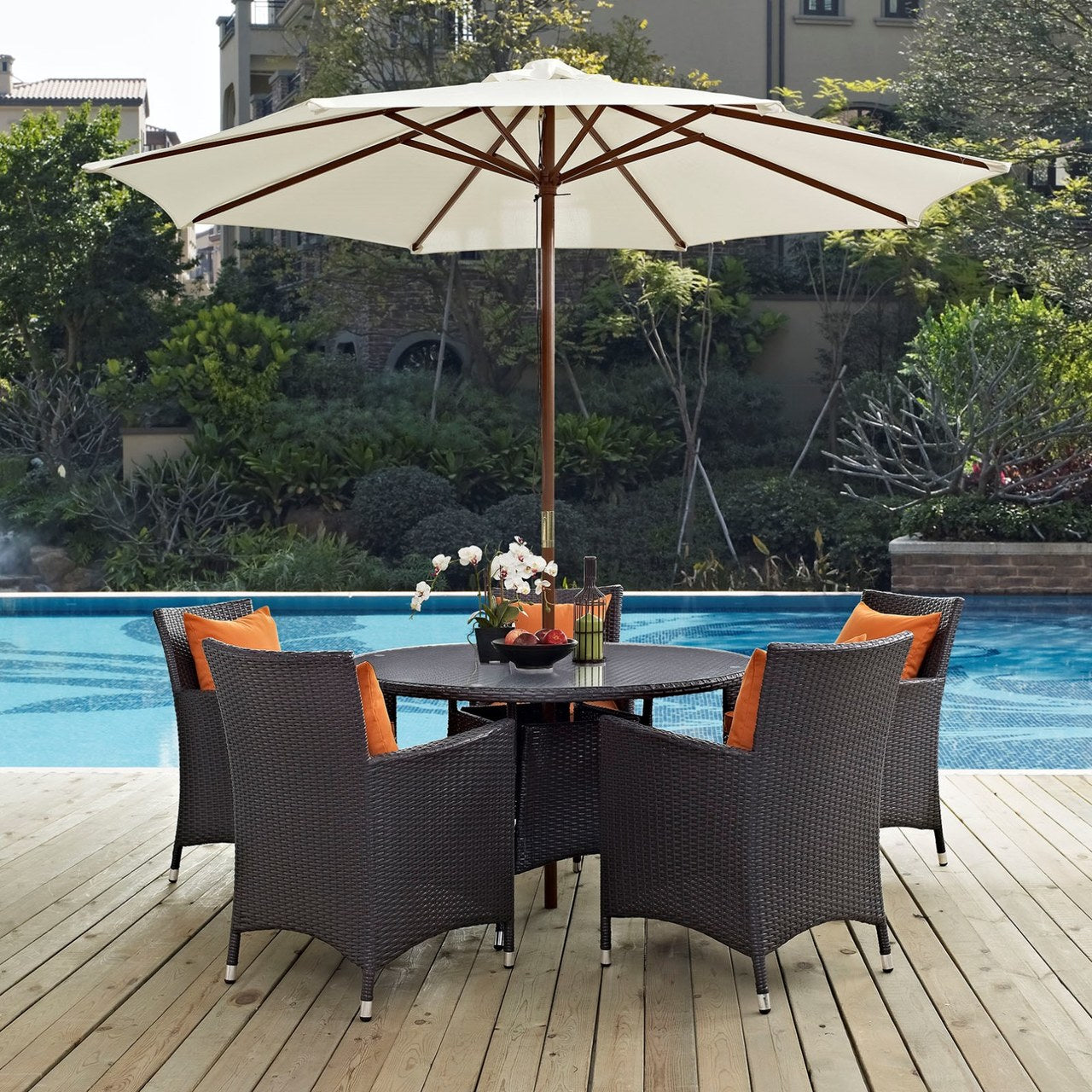Convene Seven PCS Outdoor Patio Dining Set, Orange, Rattan 10573
