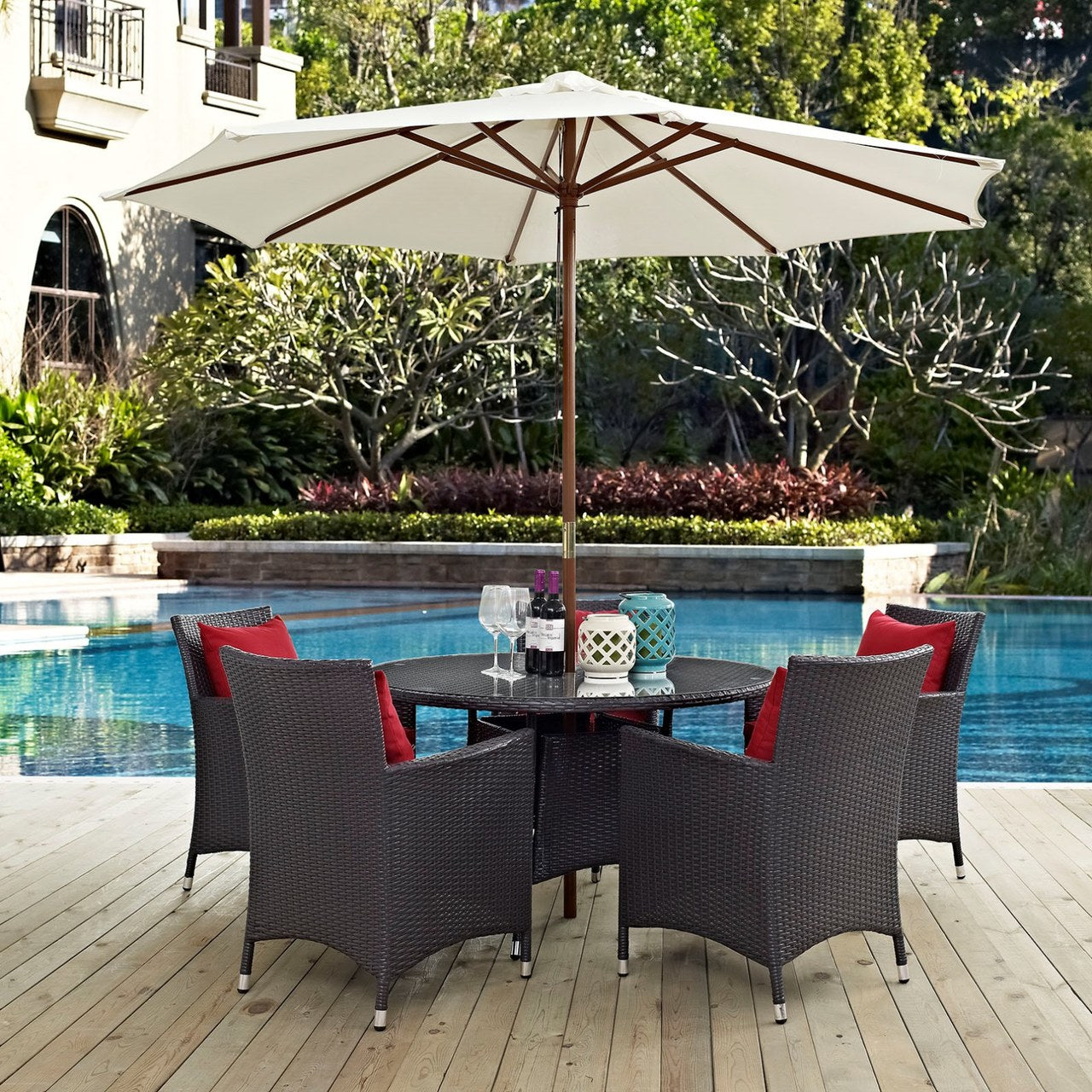 Convene Seven PCS Outdoor Patio Dining Set, Red, Rattan 10575