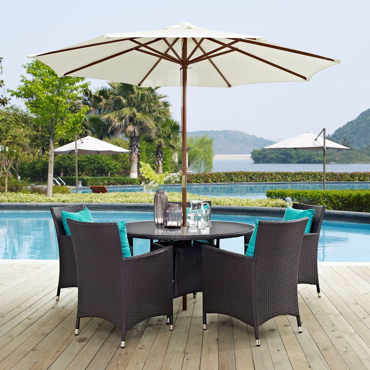 Convene Seven PCS Outdoor Patio Dining Set, Blue, Rattan 10576