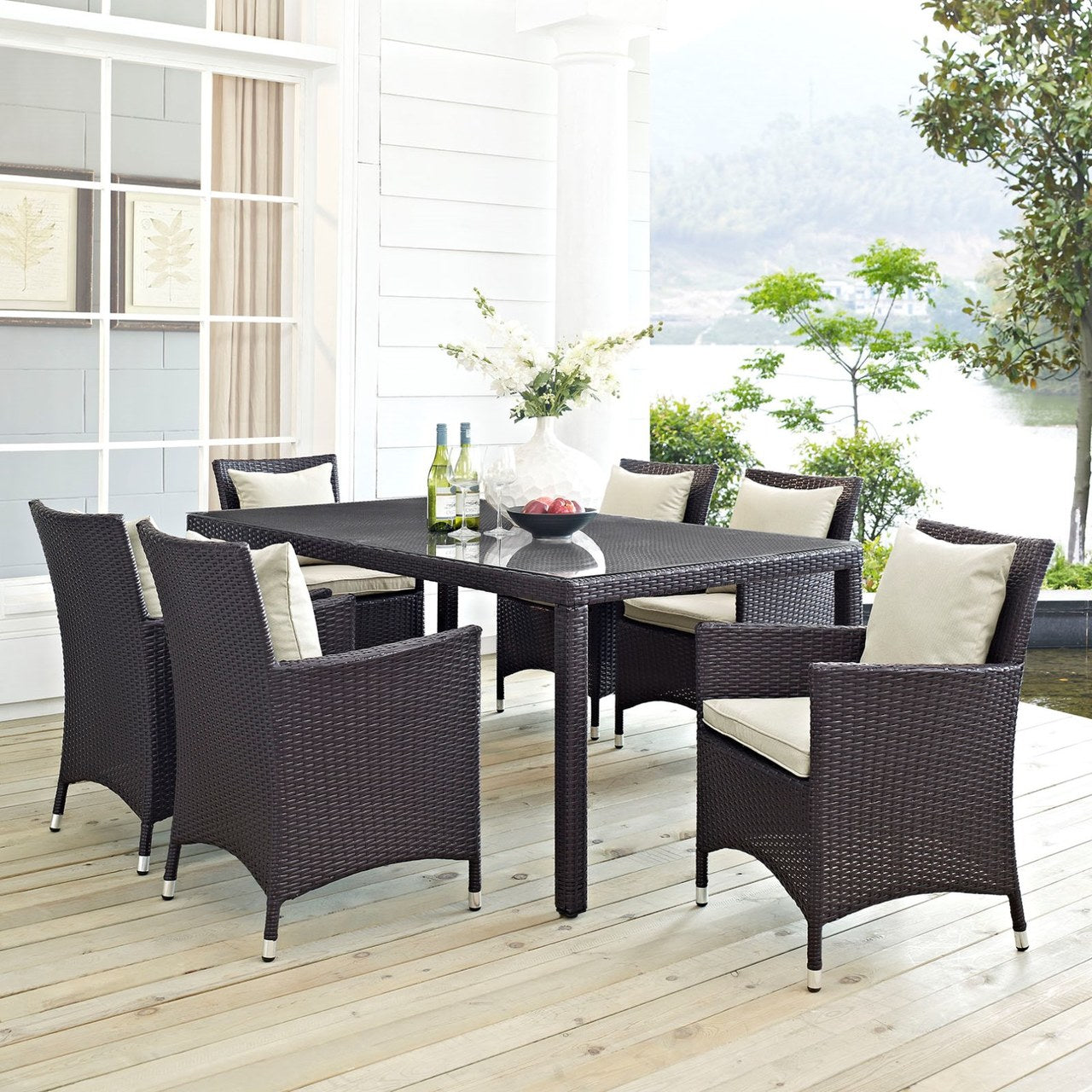 Convene Seven PCS Outdoor Patio Dining Set, Beige, Rattan 10597