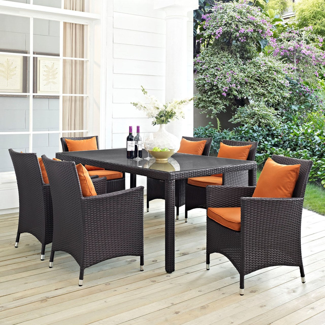 Convene Seven PCS Outdoor Patio Dining Set, Orange, Rattan 10599