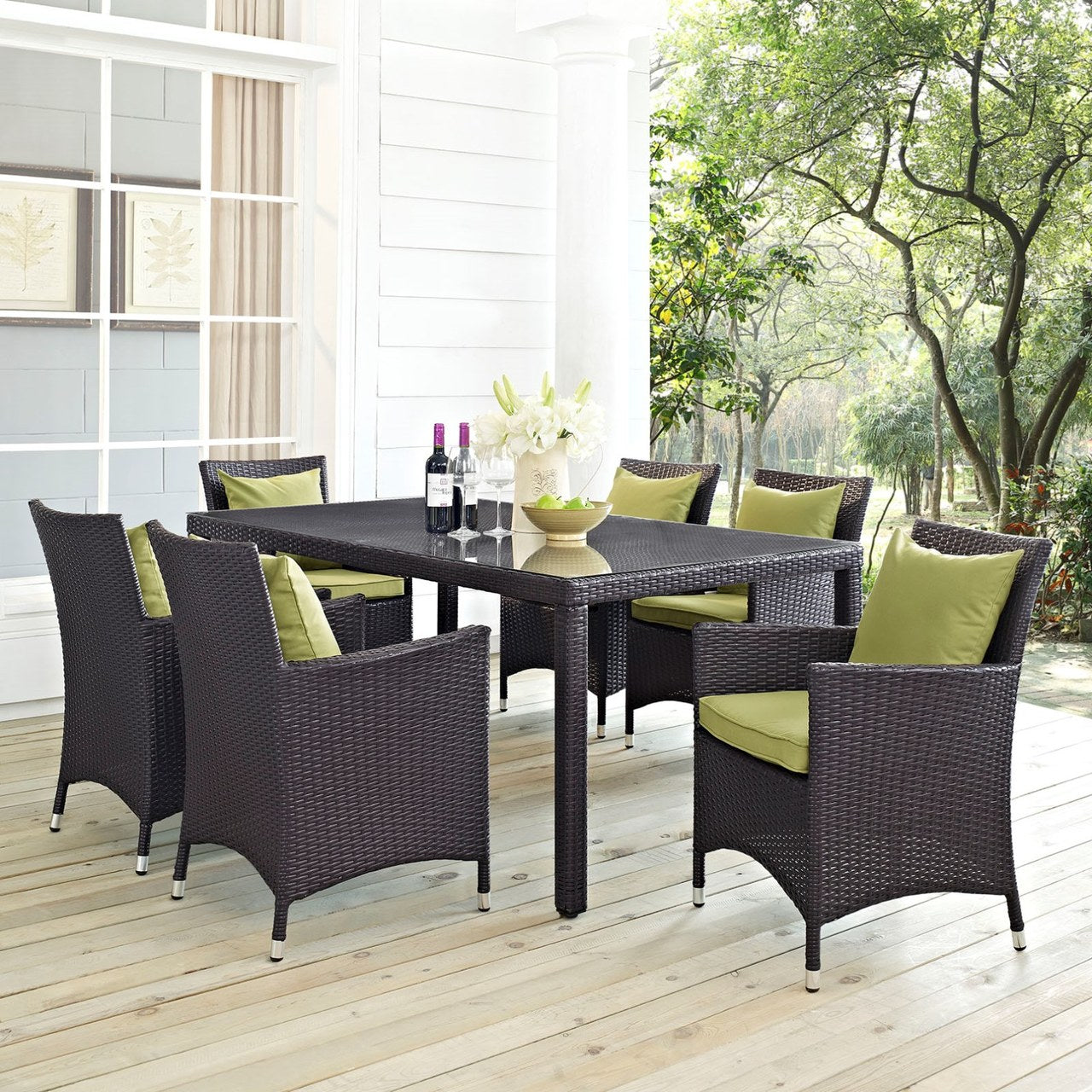 Convene Seven PCS Outdoor Patio Dining Set, Green, Rattan 10600