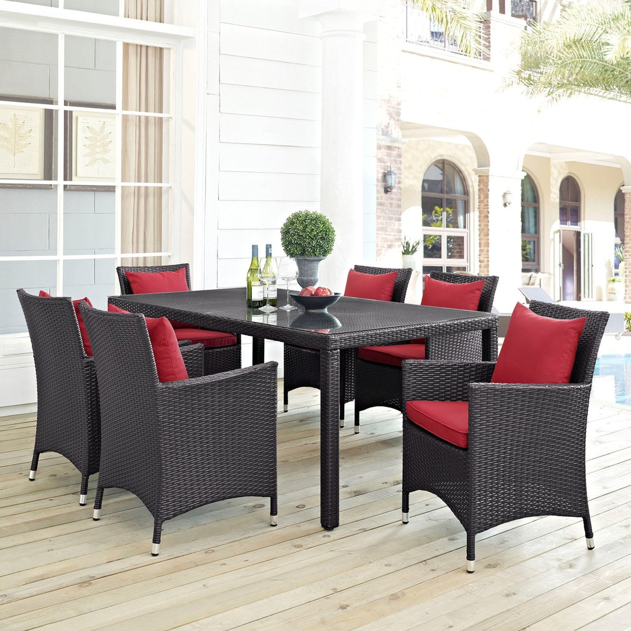 Convene Seven PCS Outdoor Patio Dining Set, Red, Rattan 10601