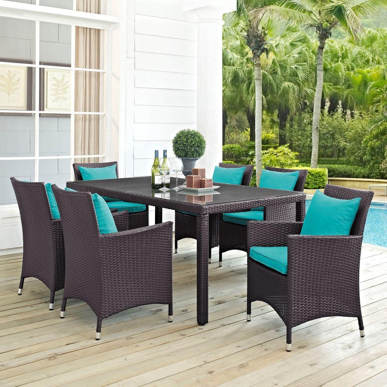 Convene Seven PCS Outdoor Patio Dining Set, Blue, Rattan 10602
