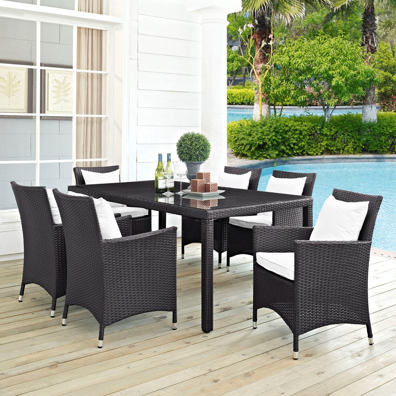 Convene Seven PCS Outdoor Patio Dining Set, White, Rattan 10603