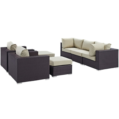 Convene Seven PCS Outdoor Patio Sectional Set, Beige, Rattan 10604