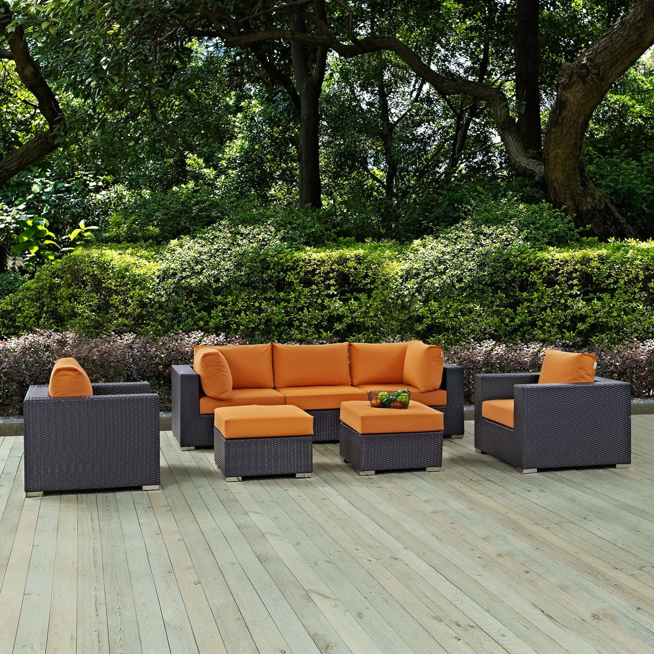 Convene Seven PCS Outdoor Patio Sectional Set, Orange, Rattan 10606