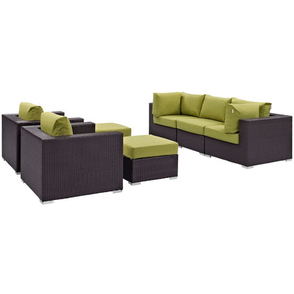 Convene Seven PCS Outdoor Patio Sectional Set, Green, Rattan 10607