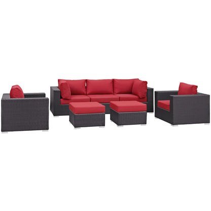 Convene Seven PCS Outdoor Patio Sectional Set, Red, Rattan 10608