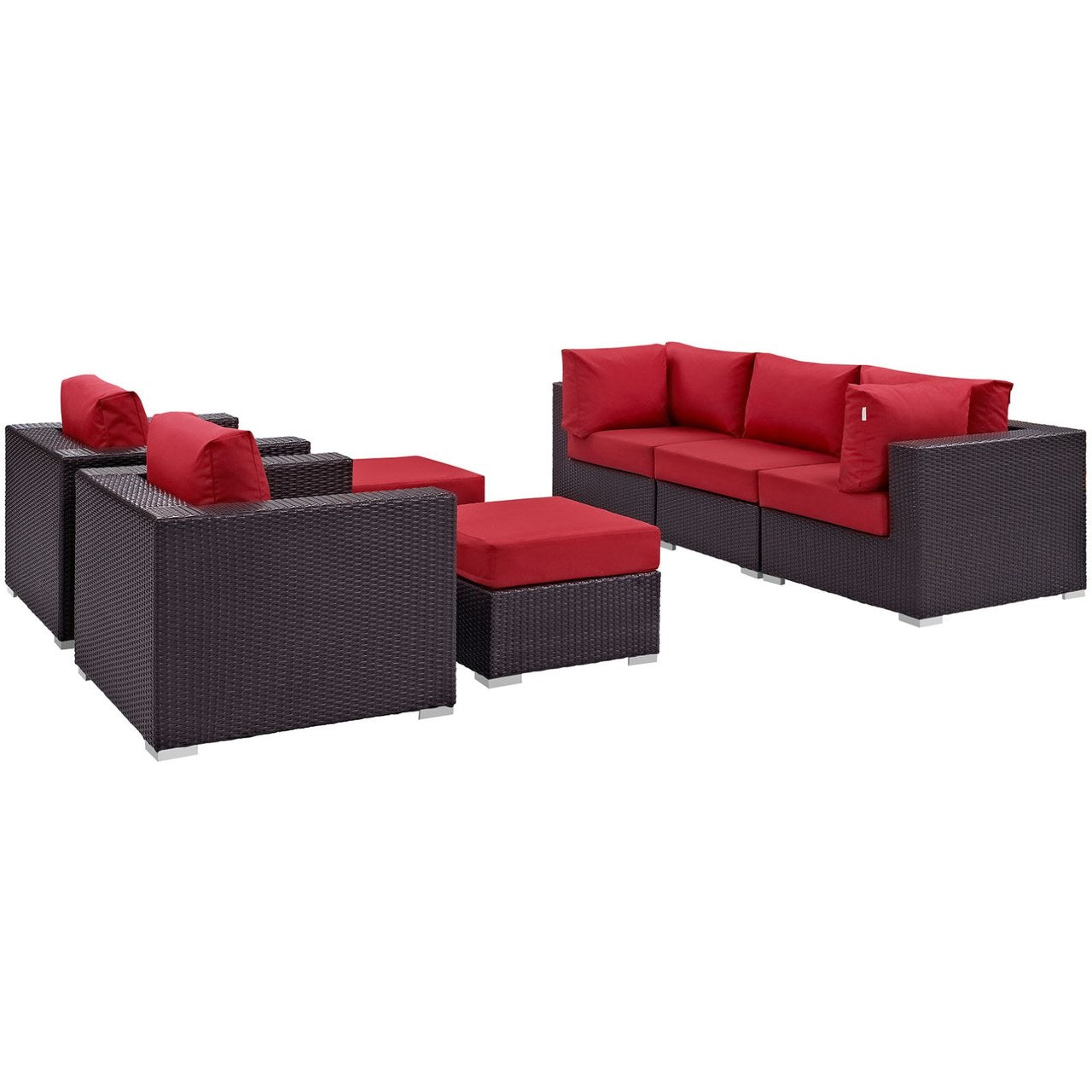 Convene Seven PCS Outdoor Patio Sectional Set, Red, Rattan 10608