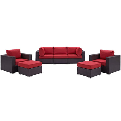 Convene Seven PCS Outdoor Patio Sectional Set, Red, Rattan 10608