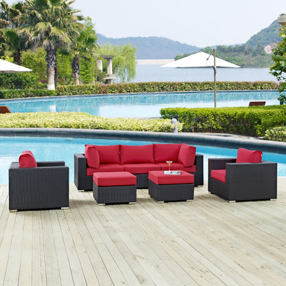 Convene Seven PCS Outdoor Patio Sectional Set, Red, Rattan 10608