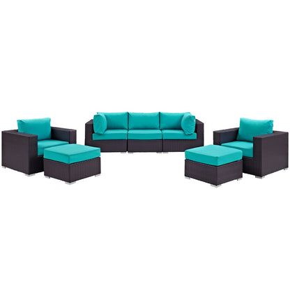 Convene Seven PCS Outdoor Patio Sectional Set, Blue, Rattan 10609